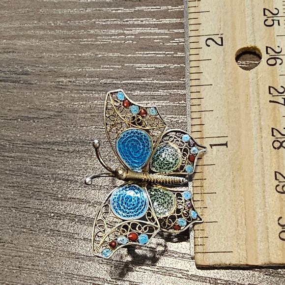 Vintage 800 Gold Filigree Painted Butterfly Brooch - Picture 4 of 8